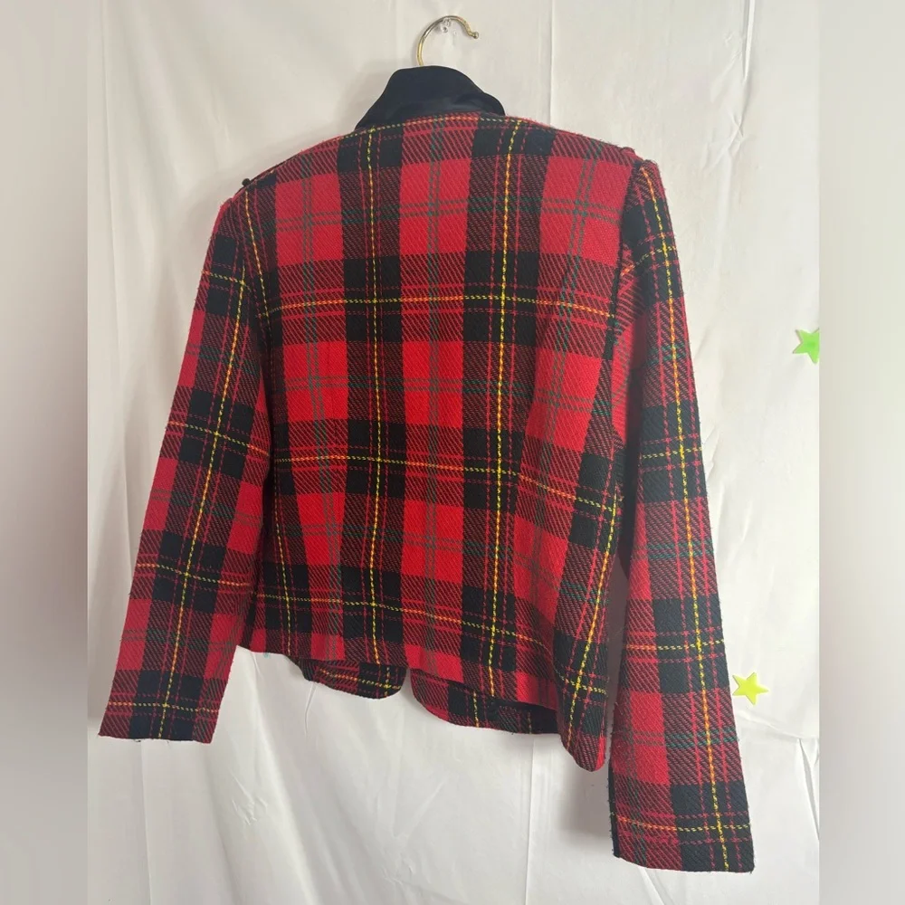 VTG Red+Black Plaid Bomber Jacket Faux‎ Suede Collar Gold+Black Epaulet Size S/M